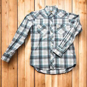 Wrangler Retro Western Plaid Button-Up Shirt men S pearl snap button Cowboy